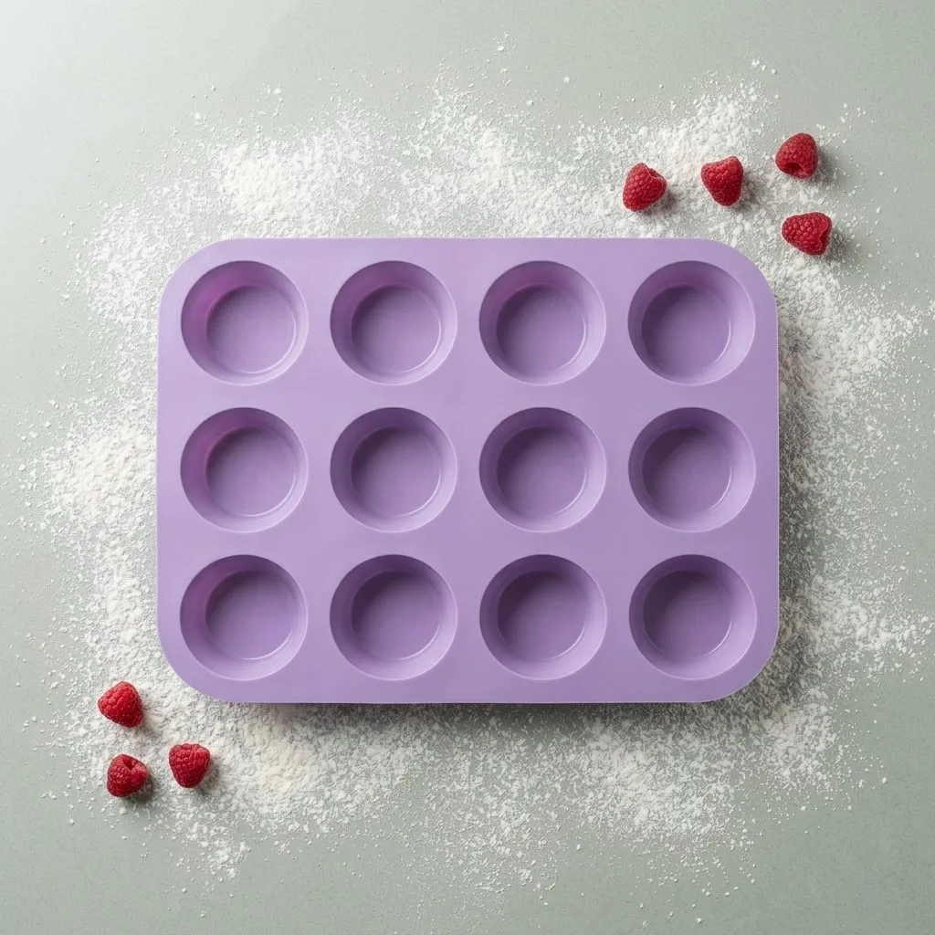 AuraBake silicone cupcake pan on a kitchen counter dusted with flour