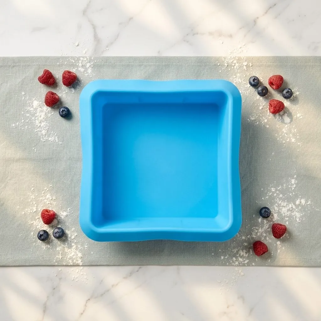 Blue silicone square cake pan styled with fresh berries and flour on marble